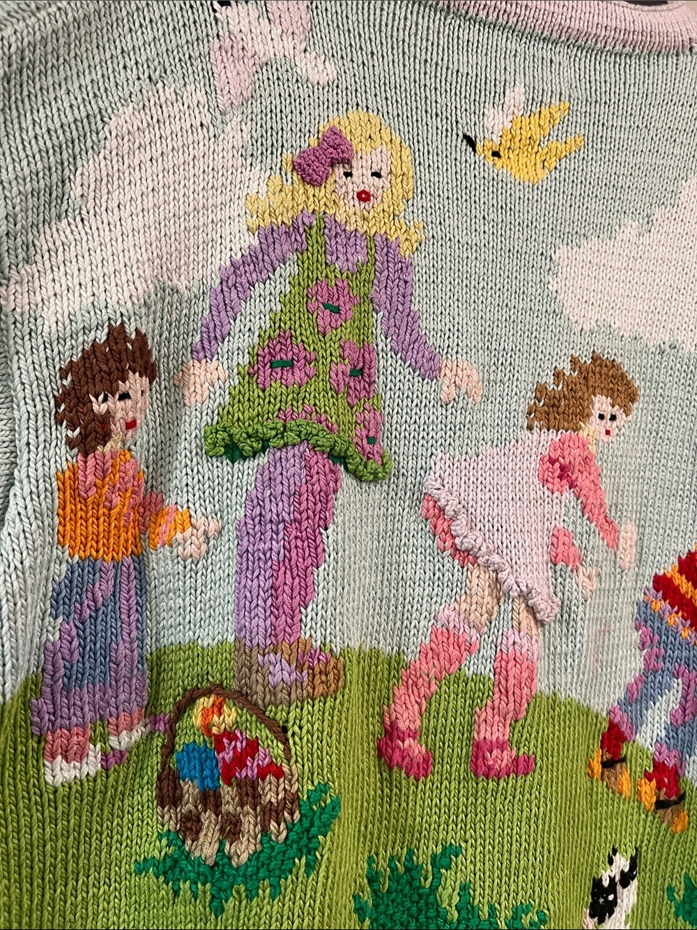 Berek - M, Hand-Knit Pastel Farm/Egg Hunt Scene Cardigan - Picture 7 of 12